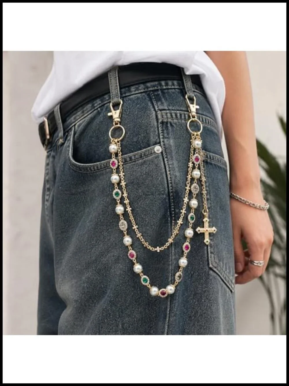Layered Pearl Wallet Chain with Cross Charm, Purse Keychain